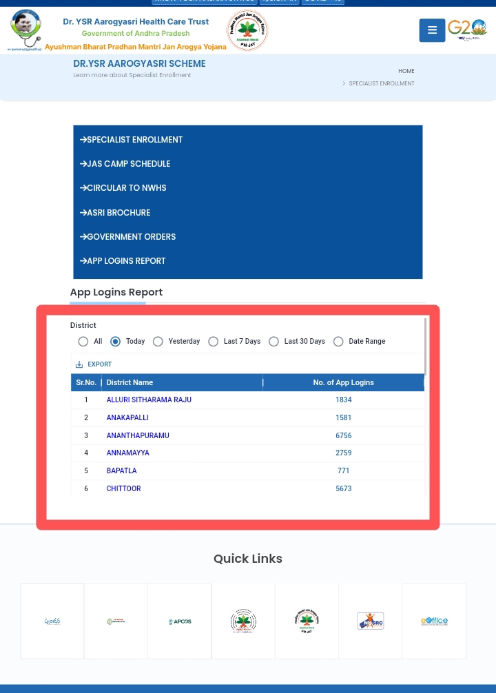 How to check arogyasri app login report